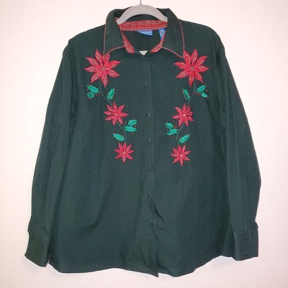 KAREN SCOTT SPORT WOMAN CHRISTMAS POINSETTIA HOLIDAY BUTTON DOWN SIZE 2X - Picture 1 of 5